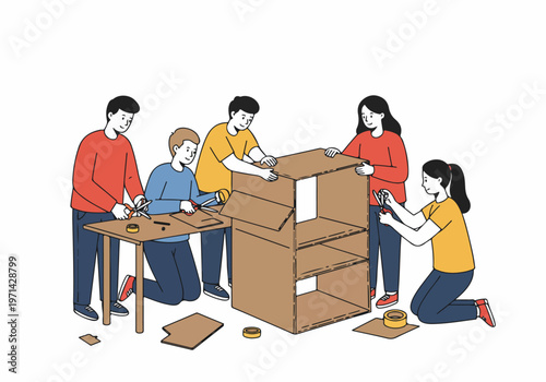 A diverse group of young people working together to build furniture out of recycled cardboard boxes in a creative DIY teamwork project.
