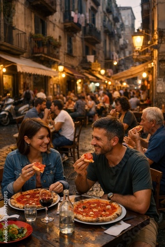 Paar isst Pizza Marinara in Neapel in mediterraner Gasse
Mann und Frau genießen Pizza in stimmungsvoller Altstadt mit italienischem Straßenflair