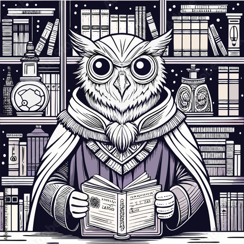 Wise owl reading, bookworm illustration, library scene, educational vector