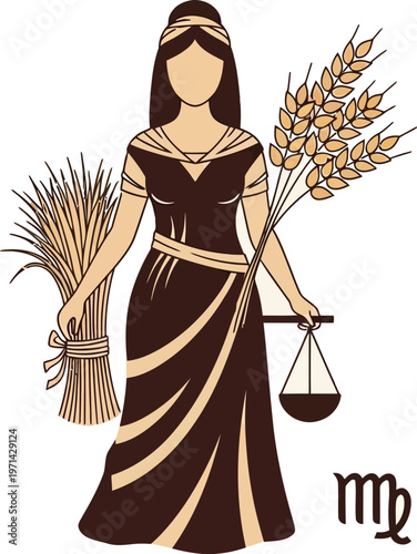Virgo zodiac symbol with scales and wheat stalks represents harvest.