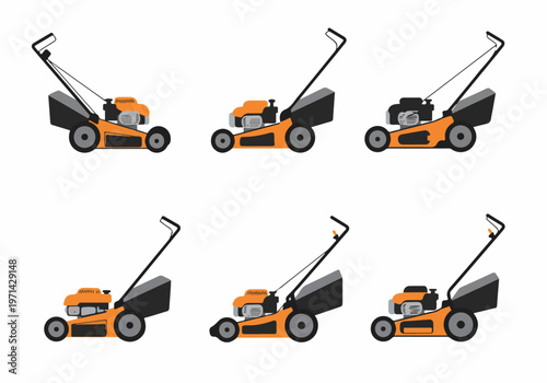 Collection of six orange lawn mower vector illustrations for professional gardening and landscaping services isolated on a white background.