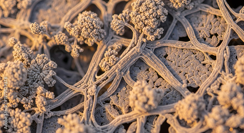 Close-up of intricate fungal hyphae network with textured branches and spore clusters, abstract organic macro photography, scientific research, microscopic life