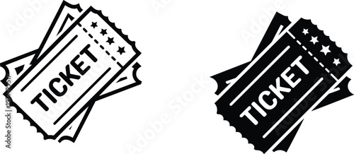 Admit one event ticket icon set in outline and solid styles featuring stars and perforated edges for cinema theater and concert booking design.
