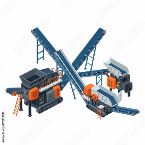 Industrial Crushing and Conveyor Belt System Illustration.