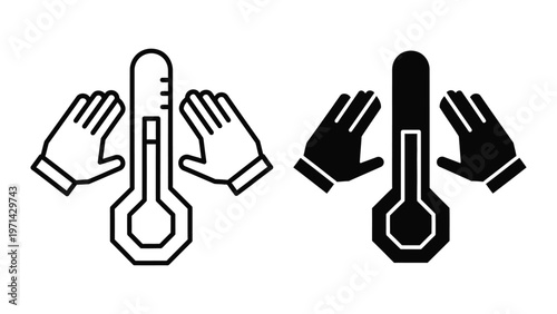 Thermometer icons depicting hot and cold temperature extremes with hand gestures