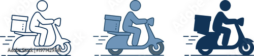 Delivery scooter icon set featuring a courier on a motorbike with a cargo box in outline color and solid silhouette styles for food delivery and logistics design.
