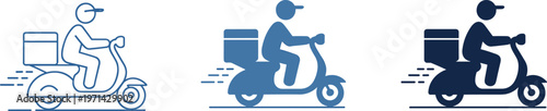 Delivery scooter icon set featuring a courier on a motorbike with a cargo box in outline color and solid silhouette styles for food delivery and logistics design