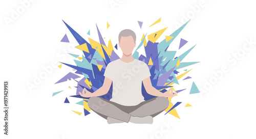 Man Meditating in Lotus Pose Amidst Abstract Geometric Chaos, Inner Peace and Mental Health Concept, Minimalist Flat Vector Illustration