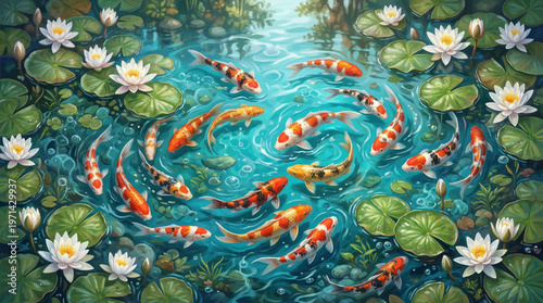 Colorful Koi Fish Pond Illustration with Lily Pads and Turquoise Water Art