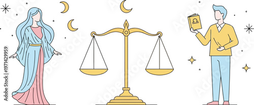 The Libra zodiac sign is depicted with a celestial woman, a golden scale.