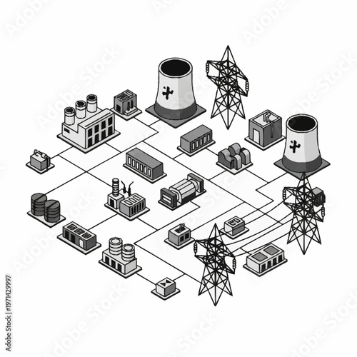 Industrial Power Grid Network Diagram Illustration.
