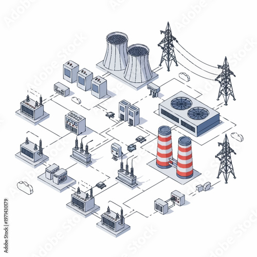 Industrial Power Plant Infrastructure Diagram Isometric View.