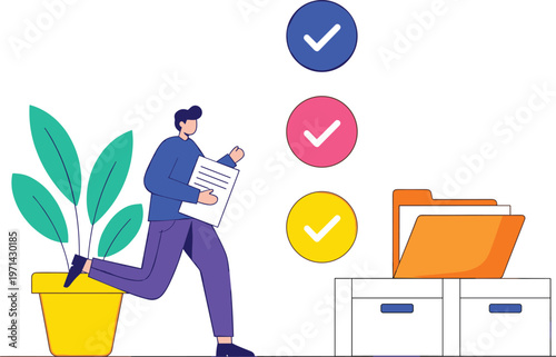 Professional Task Management Illustration Featuring a Character Carrying Files Towards an Organized Folder with Colorful Completion CheckmarksProfessional Task Management Illustration Featuring a Char