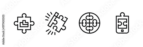 Puzzle pieces icon vector outline jigsaw symbols for problem solving teamwork connection isolated design concept