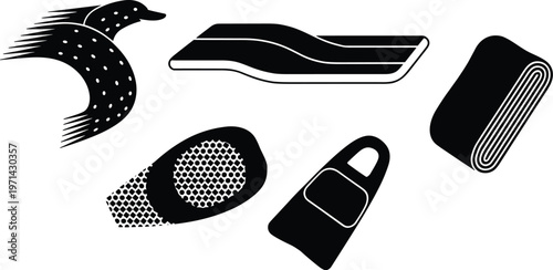 Black and white vector silhouette icon collection featuring a flying bird, shoe insole, rolled mat, adhesive bandage, and swim fin.