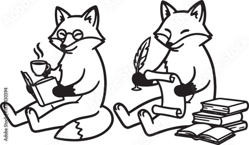 Two cartoon foxes reading and writing with books and cup