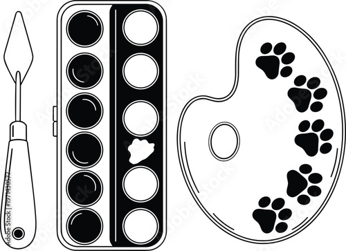 Creative painting palette knife, watercolor paint set, paw print artist palette, colorful art supplies, playful design, artistic expression, creativity tools