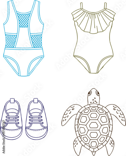 Kids Summer Vacation Vector Set Featuring Girls Swimsuits, Baby Shoes, and Sea Turtle Illustration for Beach and Travel Design, 20 Words.