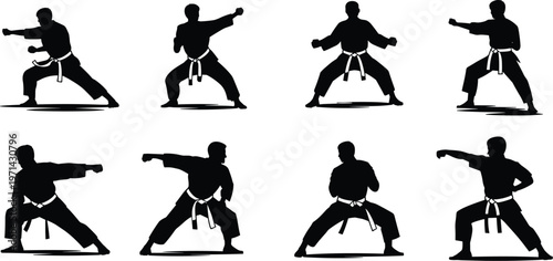Martial Arts Karate Silhouette Set Featuring Fighters in Various Combat Poses, Katas, and Stances with Traditional Gi and Belt for Sports Design