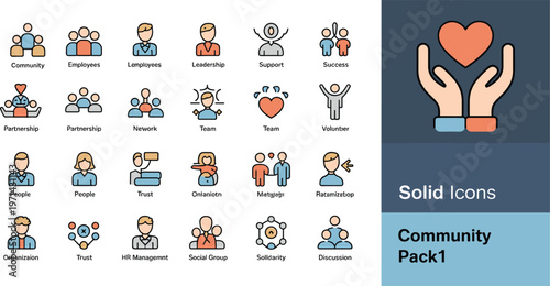 Solid community icon pack featuring diverse human connection symbols for HR management leadership teamwork and corporate social responsibility design