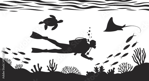 Underwater Scuba Diver Silhouette Exploring Coral Reef Featuring Sea Turtle, Stingray, Tropical Fish, and Marine Life in Deep Ocean