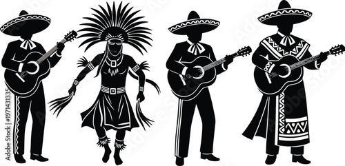Traditional Mexican Mariachi Musicians with Guitars and Aztec Dancer Silhouette Set for Cultural Events, Cinco de Mayo, and Heritage Celebrations