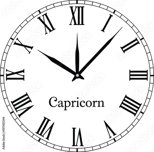 Capricorn zodiac symbol integrated into a vintage clock face with Roman.
