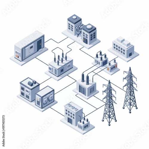 Modern Power Grid Infrastructure with Substations and Towers.