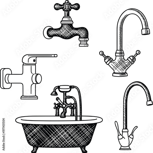 Vintage Bathroom and Kitchen Plumbing Vector Set Featuring Hand Drawn Faucets, Water Taps, and Classic Clawfoot Bathtub for Interior Design, 20 Words.