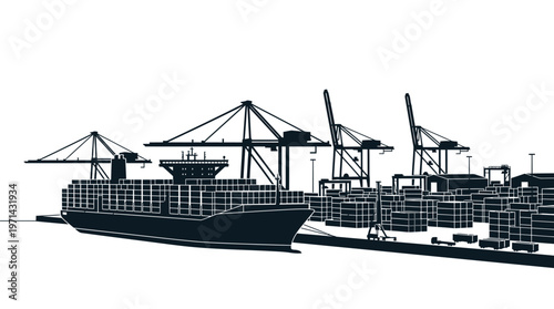 Large Cargo Ship and Containers at Industrial Port with Cranes, Global Shipping and Logistics, isolated white background