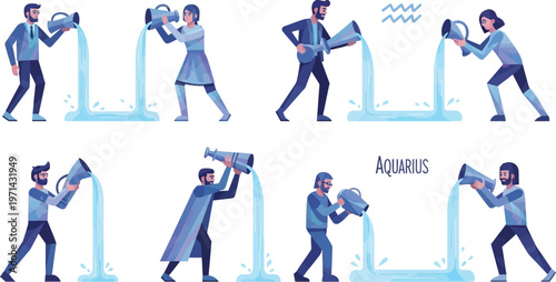 Aquarius constellation figures pouring water from large jugs symbolizing.