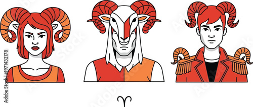 Aries constellation characters depicted with ram horns and warrior attire.