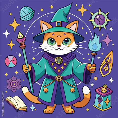 Whimsical wizard cat, magical feline, fantasy illustration, colorful cartoon