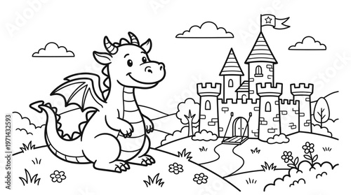 Smiling Cartoon Dragon Sitting Outdoors Freely.