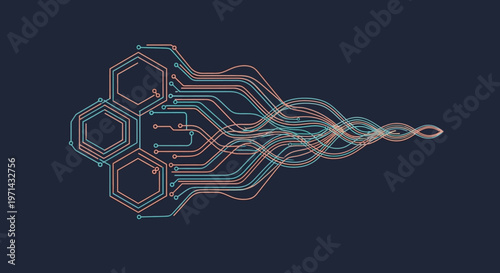 Circuit board with hexagons and wires.
