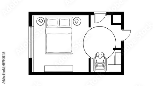 Conceptual floor plan design for a contemporary bedroom and private bathroom layout, illustrating spatial organization