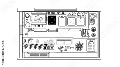 Top-down view illustration of a busy food truck kitchen station