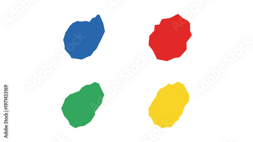 Four abstract irregular shapes filled with distinct primary and secondary colors