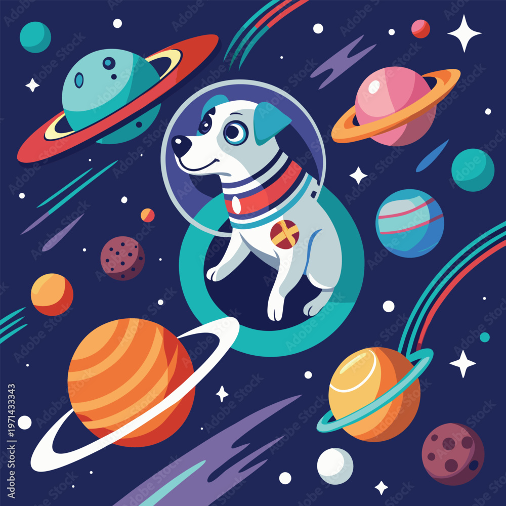 Naklejka premium Cartoon dog in space, astronaut dog, planets and stars, colorful vector illustration, space dog