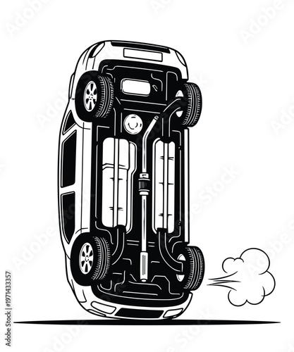 Vehicle chassis bottom view with exhaust pipe and smoke cloud for repair vector.