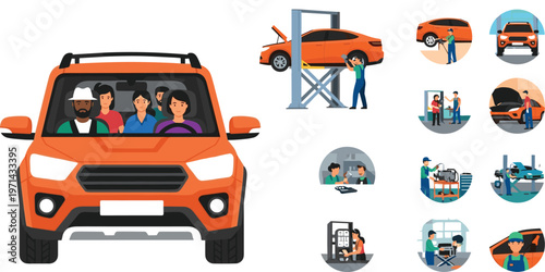 Car Service and Repair Illustration Vector with Auto Maintenance Mechanics Diagnostics and Vehicle Inspection Icons Isolated on Transparent Background