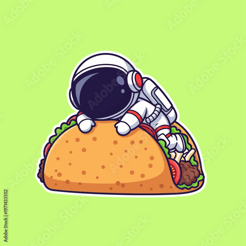 A cute cartoon astronaut in a white spacesuit is resting on a large, appetizing taco filled with ground meat, fresh lettuce, and sliced tomatoes, on a vibrant green background.