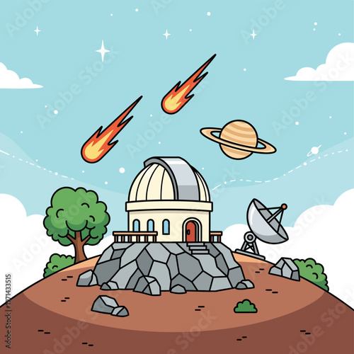 Factual cartoon illustration of a detailed astronomical observatory building on a rocky hill, surrounded by a satellite dish, meteors, and a ringed planet in a starry blue sky.