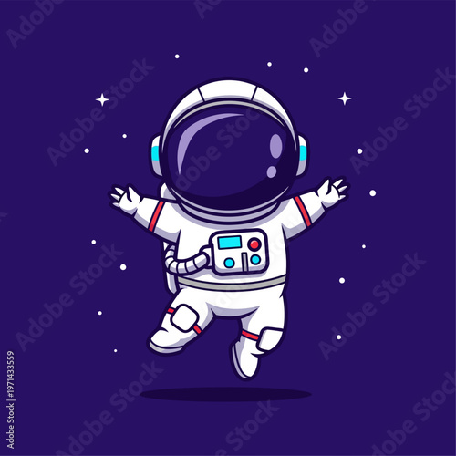 Cute cartoon astronaut illustration floating weightlessly in deep purple outer space with scattered white stars, wearing a detailed white suit with red and blue accents.