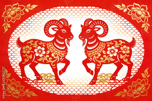 Chinese Paper-Cut Art with Two Goats