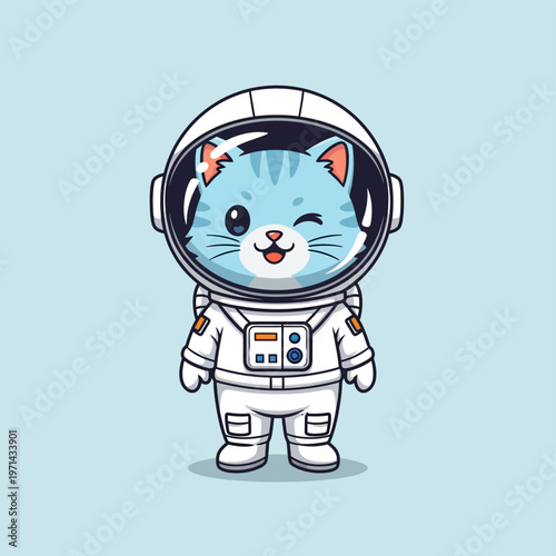 A cheerful blue striped anthropomorphic cat character in a full white astronaut suit winks and smiles, standing on a light blue background.