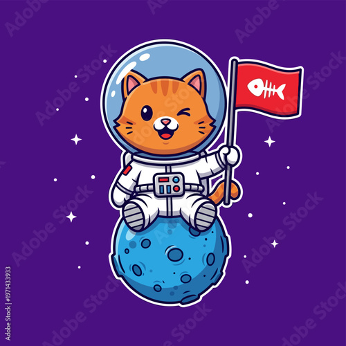 Cheerful cartoon ginger cat astronaut in white spacesuit sits on blue moon, winking and holding a red flag with a fish skeleton in starry outer space.