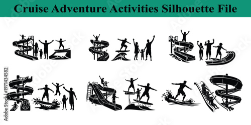 Cruise adventure activities silhouettes of people on water slides and boats  fun vacation