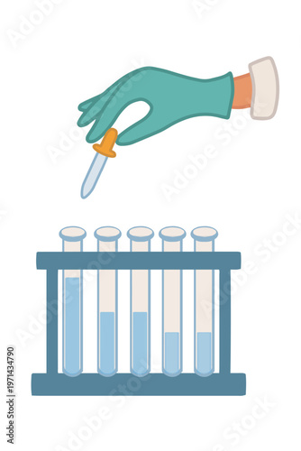 Vector illustration of a hand in a blue glove holding a pipette over test tubes. Laboratory and medical concept. Основные RGB