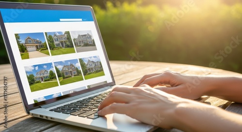Woman browsing real estate website on laptop. Hands typing on keyboard. Open listings of houses. Modern tech convenience. Online home search. Digital property marketplace. Buying home